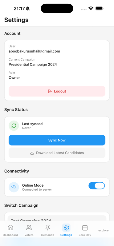 Settings — Account and download